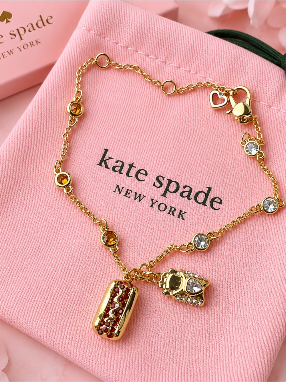 kate spade Gold-Tone hot dog and french fries Charm Bracelet with Red and Clear